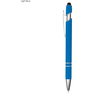 A light blue pen with a silver clip and accents. It features a stylus tip on one end and a logo.