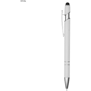 A white pen with a silver clip and tip, featuring a stylus end and a smooth design.