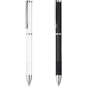 A gift set of two pens, one white and one black, featuring a sleek design and a branded logo.