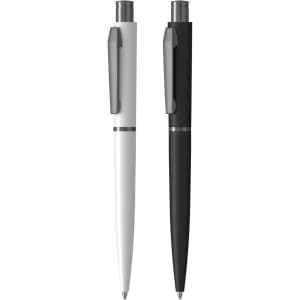 A metal pen gift set featuring a white pen and a black pen, both with sleek designs and clips.
