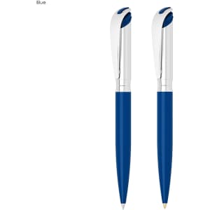 A blue pen and pencil set featuring a sleek design and chrome accents, presented in a gift set.