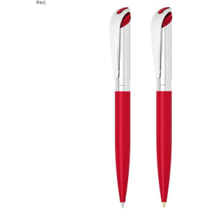 A red pen and pencil set with silver accents and a branded logo. Ideal for office or business use.