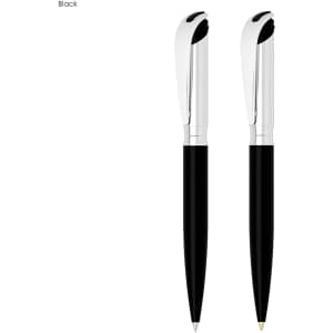 A black pen and pencil set with silver accents, featuring a sleek design and a branded logo.
