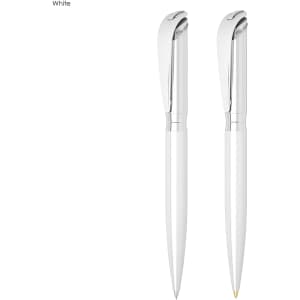 A set of two white pens with silver accents, featuring a sleek design and a branded logo.