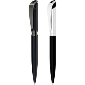 A metal pen gift set featuring a sleek black pen and a silver-accented pen, both with a logo.