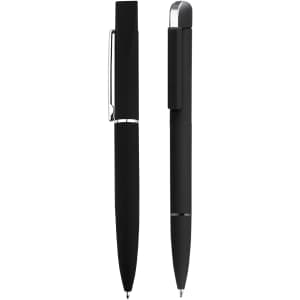 A black pen set features two sleek pens, one with a shiny clip and the other with a matte finish. Both have branding.