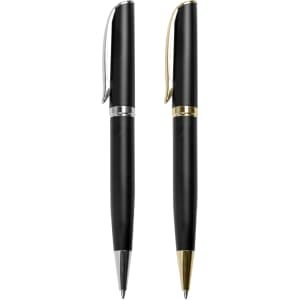 A set of two metal pens in black with silver and gold accents, featuring sleek designs and clips.