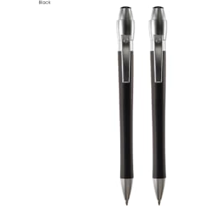 AURA Metal Italy Prestige Pen Gift Set featuring two black metal pens with silver accents and a logo.