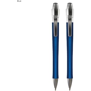 A blue metal pen gift set with a sleek design and a silver clip, featuring two matching pens.