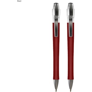A set of two red metal pens with shiny silver accents and clips, featuring a sleek design.