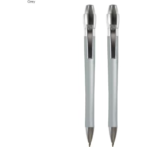 A grey metal pen gift set featuring two pens with a sleek design and silver accents. Includes a branding logo.