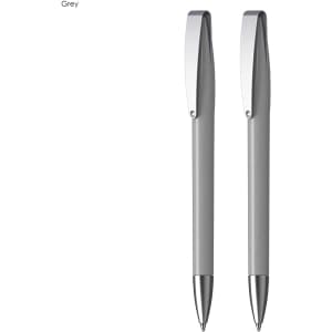 A gift set featuring two grey metallic pens with sleek silver accents and a branding logo.