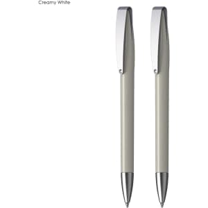 A set of two creamy white plastic pens with metallic accents and a branding logo on the clip.