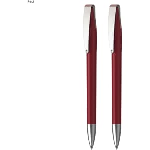 A set of two metallic red plastic pens with silver accents and a logo visible.
