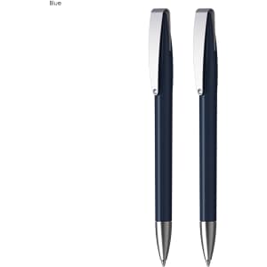 A set of two blue plastic pens with metallic accents, featuring clips and a logo.