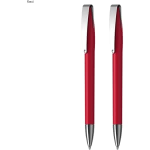 A red pen gift set featuring two sleek plastic pens with chrome clips and silver accents.