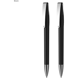 A set of two black plastic pens with silver accents and clips. The pens have a sleek design and feature a logo.