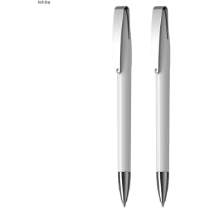 A Prestige Pen Gift Set featuring two white plastic pens with silver accents and clips.