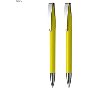 A set of two yellow plastic pens with chrome clips, featuring a sleek and modern design.