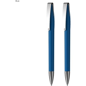 A set of two blue plastic pens with silver clips, featuring a sleek design and a simple logo.