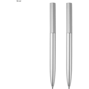 A silver pen gift set featuring two metal pens, elegantly designed with a sleek finish. Includes branding.