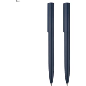 A navy blue metal pen gift set featuring two sleek pens, each with a stylish design and a logo.