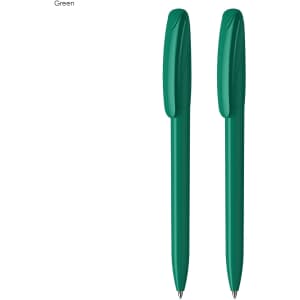 A set of two green plastic pens with a sleek design and clips, featuring a logo on the barrel.
