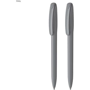 A set of two grey plastic pens with a smooth, sleek design and a branding logo on the barrel.