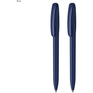 A set of two blue plastic pens with a smooth design and a branding logo.
