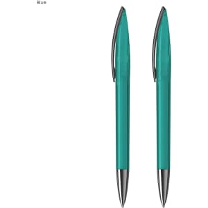 A set of two blue plastic pens with silver accents, featuring a sleek design and clear barrel.