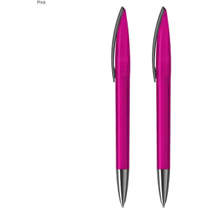 A set of two pink plastic pens with silver accents and a logo.