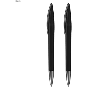 A set of two black plastic pens with silver accents, featuring a sleek design and branding.