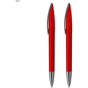 A set of two red plastic pens with silver accents and a branding logo on each pen.