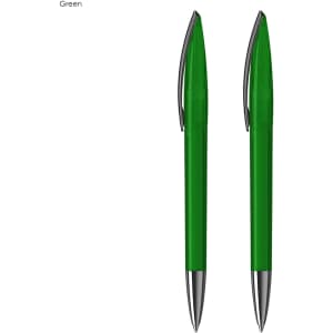 A green pen gift set featuring two plastic pens with silver accents and a branding logo.
