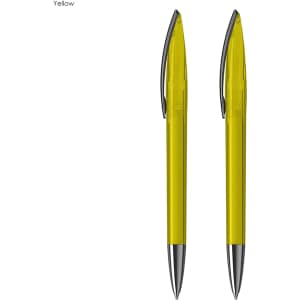 A set of two yellow plastic pens with silver accents and a branding logo on the barrel.