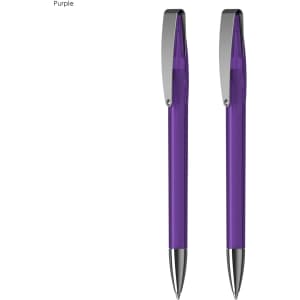 A set of two purple pens with silver clips, displayed alongside each other.