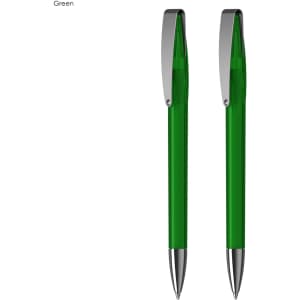 A green pen with a glossy finish and a silver clip, featuring two pens in the set.