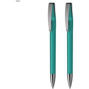 A teal pen set featuring two matching pens with silver accents and clips, presented in a gift set.