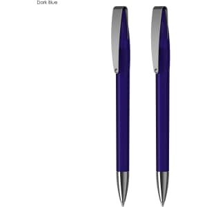 A dark blue pen set with silver accents, presented in a stylish gift box, featuring a logo.