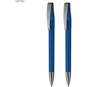 A light blue pen gift set featuring two pens with silver accents, presented in a sleek design.