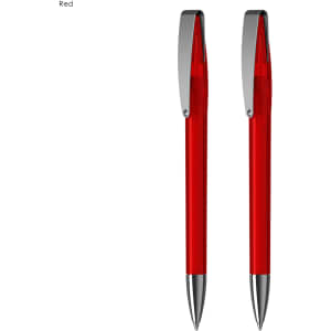A set of two red pens with silver accents, featuring a sleek design and clip.