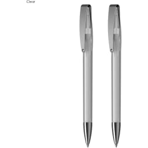 A set of two clear pens with silver accents and clips, presented in a sleek design.