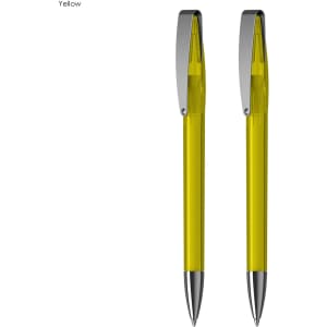 A set of two yellow pens with silver accents, featuring a sleek design and a clip.