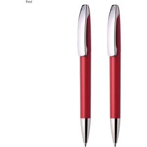 A set of two red plastic pens with chrome accents and a sleek design, featuring a logo.