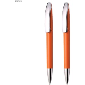 An orange plastic pen set featuring chrome accents, with two pens displayed side by side.