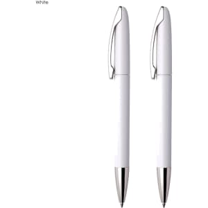 A white pen set featuring two plastic pens with silver accents and a branded logo.