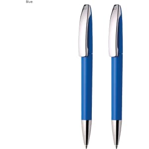 A writing set featuring two blue plastic pens with chrome accents and a branding logo.