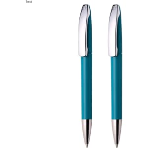 A teal writing set featuring two plastic pens with chrome accents and sleek design. Includes branding on the pens.
