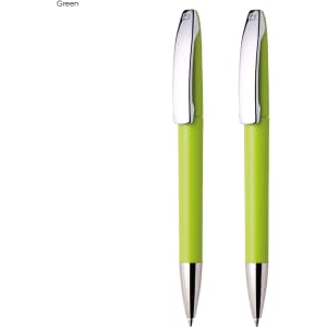 A set of two green plastic pens with chrome accents and a smooth, contoured design.