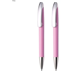A pink writing set featuring two plastic pens with silver accents and a smooth design.